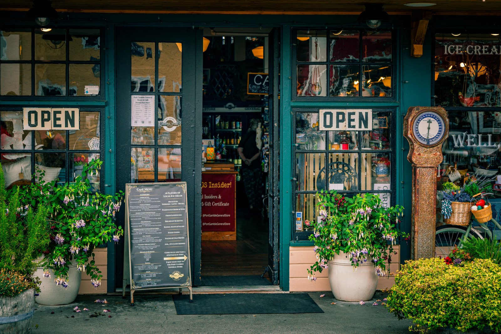 Small business storefront with an open sign